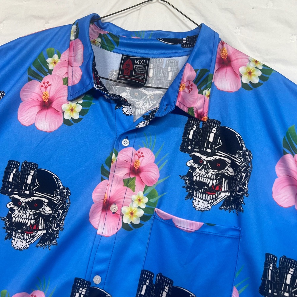 OAF Nation Mens 4XL Blue Tactical Skull Hibiscus Aloha Button Down Shirt
